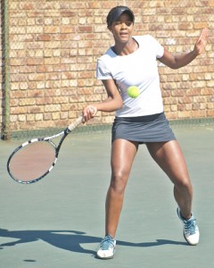 Top seed Lesedi Jacobs of Namibia in action at the Gauteng North Junior ITF on Friday. Jacobs beat second seed South African Katie Poluta 6-7 (6) 6-2 7-6 (2) to take the title. 