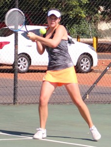 Unseeded Mila Hartig of South Africa on Tuesday at the SAS ITF Junior 2 in Stellenbosch. Hartig upset fifth seed Elizabeth Pam of Nigeria 7-6 (5) 6-4 in the second round.
