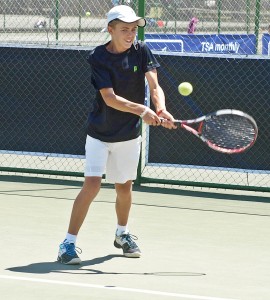 Second seed Philip Henning of Free State in action in the under 14 boys final of the TSA Junior Masters. Henning beat second seed Sipho Montsi 7-5 3-6 7-5 on Friday. 