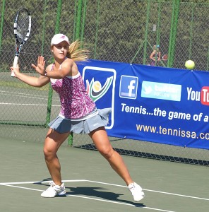 Second seed Zani Barnard of Gauteng North in action in the under 16 girls final of the TSA Junior Masters. Barnard upset top seed and twin sister Lee Barnard 6-4 6-1 on Friday. Corin: Top seed girls under 14 girls winner Corin De Waal of Boland in action at the finals of the TSA Junior Master. De Waal beat second seed Maja Gledic of Gauteng Central 6-4 6-4 in the finals on Wednesday.