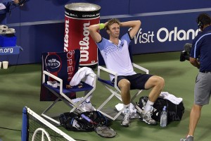 September 7, 2015 -  Kevin Anderson reacts after beating Andy Murray in a men's singles fourth-round match during the 2015 US Open at the USTA Billie Jean King National Tennis Center in Flushing, NY. (USTA/Steve Ryan)