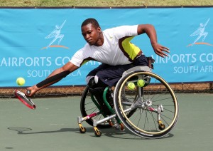 BENONI, SOUTH AFRICA - APRIL 08: Evans Maripa of South Africa in action against Patrick Selepe (RSA) in the first round of the men's singles during day 1 of the Airports Company South Africa Gauteng Open at the Gauteng East Tennis Complex on April 08, 2015 in Benoni South Africa. (Photo by Reg Caldecott/Gallo Images)