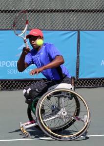 South African men’s top ranked wheelchair tennis ace Evans Maripa in action at the Airports Company South Africa SA Open staged early this year at Ellis Park Tennis Stadium.