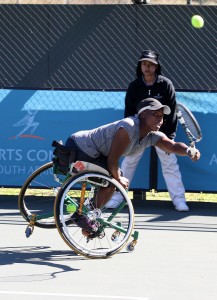 South African women’s top ranked wheelchair tennis ace Kgothatso Montjane in action at the Airports Company South Africa Gauteng Open staged early this year in Benoni. Picture credits: Reg Caldecott