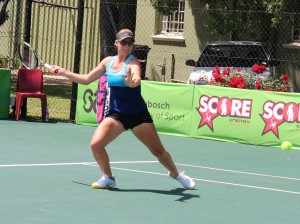 Third seed Ilze Hattingh of South Africa in action during the second round played on Thursday. Hattingh beat unseeded Sophia Bursulaya of USA 4-6 6-4 6-0 in the Digicall Futures 3 played at the University of Stellenbosch.