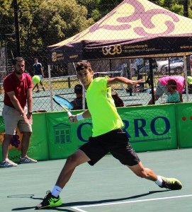 Fourth seed Lloyd Harris of South Africa in action during round 1 of the Digicall Futures 1 on Tuesday at the University of Stellenbosch. Harris beat unseeded fellow South African Johannes Myburgh 6-0 6-3.