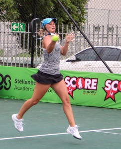 Sixth seed South African Madrie Le Roux in action in round two of the Digicall Futures 1. Le Roux beat unseeded Anne-Sophie Courteau of Canada 6-2 6-1 on Thursday.
