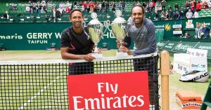 From left; South African Raven Klaasen with American doubles partner Rajeev Ram after winning the doubles title of the ATP Gerry Weber Open on Sunday.