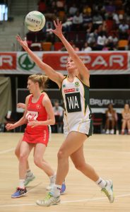 Izette Lubbe passing the ball to a team-mate at the ICC on the 18th June 2016, SPAR Netball series Saturday.