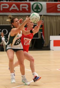  Lenize Potgieter stealing the ball from Welsh player Kelly Morgan at the ICC on the 18th June 2016, SPAR Netball series Saturday.