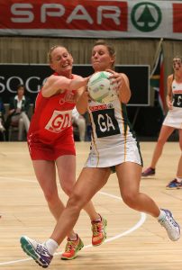  Maryka Holtzhausen also sealing the ball from Welsh player Steph Perry at the ICC on the 18th June 2016, SPAR Netball series Saturday.