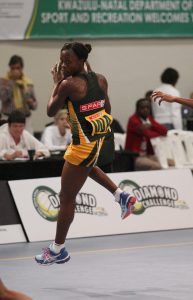 Bongi Msomi the newly appointed captain of the SPAR Proteas team on court at the Diamond Challenge last year in Port Shepstone Ugu Sports and Leisure center.