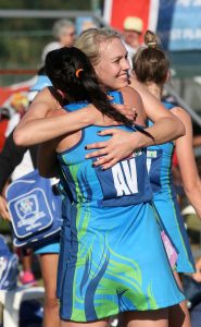 Mari-Lena Joubert (left) and Vanes-Mari du Toit of the Western Cape celebrating their win over the Free State on Wednesday at the Hoy Park Sports Complex in Durban during the SPAR National Netball Championships 2016.