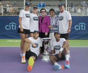 The San Diego Aviators were crowned 2016 Mylan World Team Tennis (WTT) Champions. Here the Aviators are pictured with the winning King trophy. Pictured back (left to right) Darija Jurak (Croatia), Shelby Rogers (USA), Billie Jean King co-founder of WTT, Ilana Kloss CEO of Mylan WTT, John Lloyd (Great Britain) coach. Front left to right Ryan Harrison (USA) and Raven Klaasen (South Africa). The San Diego Aviators beat the Orange County Breakers in the final played at Forest Hills, New York on Friday. 
