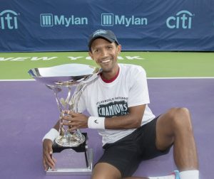 South African tennis professional, Raven Klaasen of Cape Town with the Mylan World Team Tennis (WTT) Trophy at Forest Hills, New York. Klaasen was a member of the San Diego Aviators that were crowned Mylan WTT Champions for 2016 on Friday. 