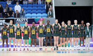 The SPAR Proteas united during the playing of the South African national anthem Nkosi Sikelel' iAfrika on Sunday in Melbourne ahead of their final Quad Series game against England. England beat South Africa 57-44