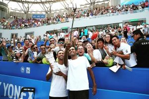(Left) Raven Klaasen of South Africa taking a selfie with his doubles partner, (Right) American Rajeev Ram after winning the Chengdu Open Doubles title on Sunday played at Chengdu, China.