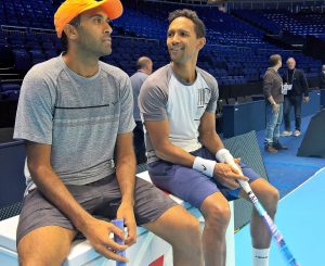 American Rajeev Ram (left) with South African Raven Klassen during practice at the O2 Arena in London ahead of this week’s Barclays ATP World Tour Final. Klaasen and Ram are seeded 7 in the world and will be making their first appearance in the year-end ATP Finals.