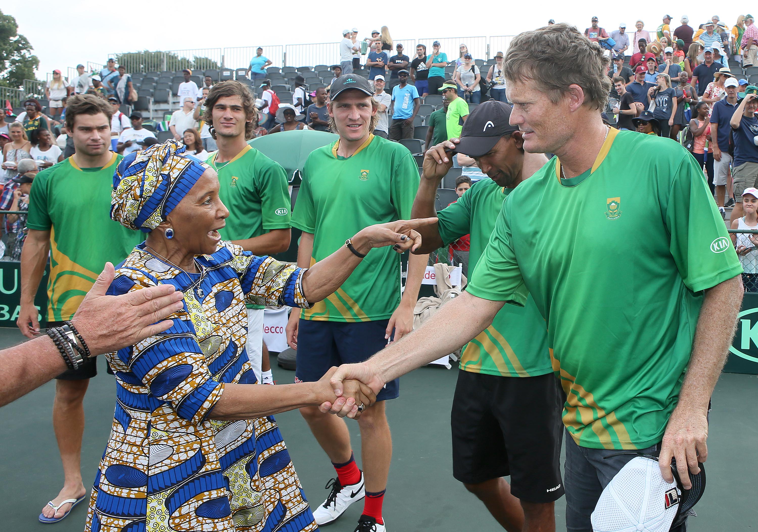 Former First Lady, Zanele Mbeki recognises Wayne Ferreira when she was introduced to the South African team after the reverse singles of the Davis Cup tie between South Africa and Estonia at the Irene Country Club on February 05 2017 in Pretoria, South Africa.